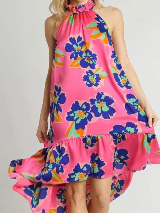 Umgee Dresses & Skirts - Umgee Pink Floral Halter High-Low Dress | Size L - NWT